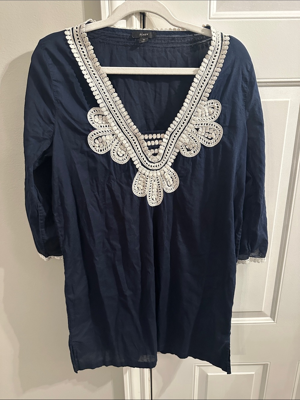J. Crew Navy Tunic with White Crochet V-Neck
